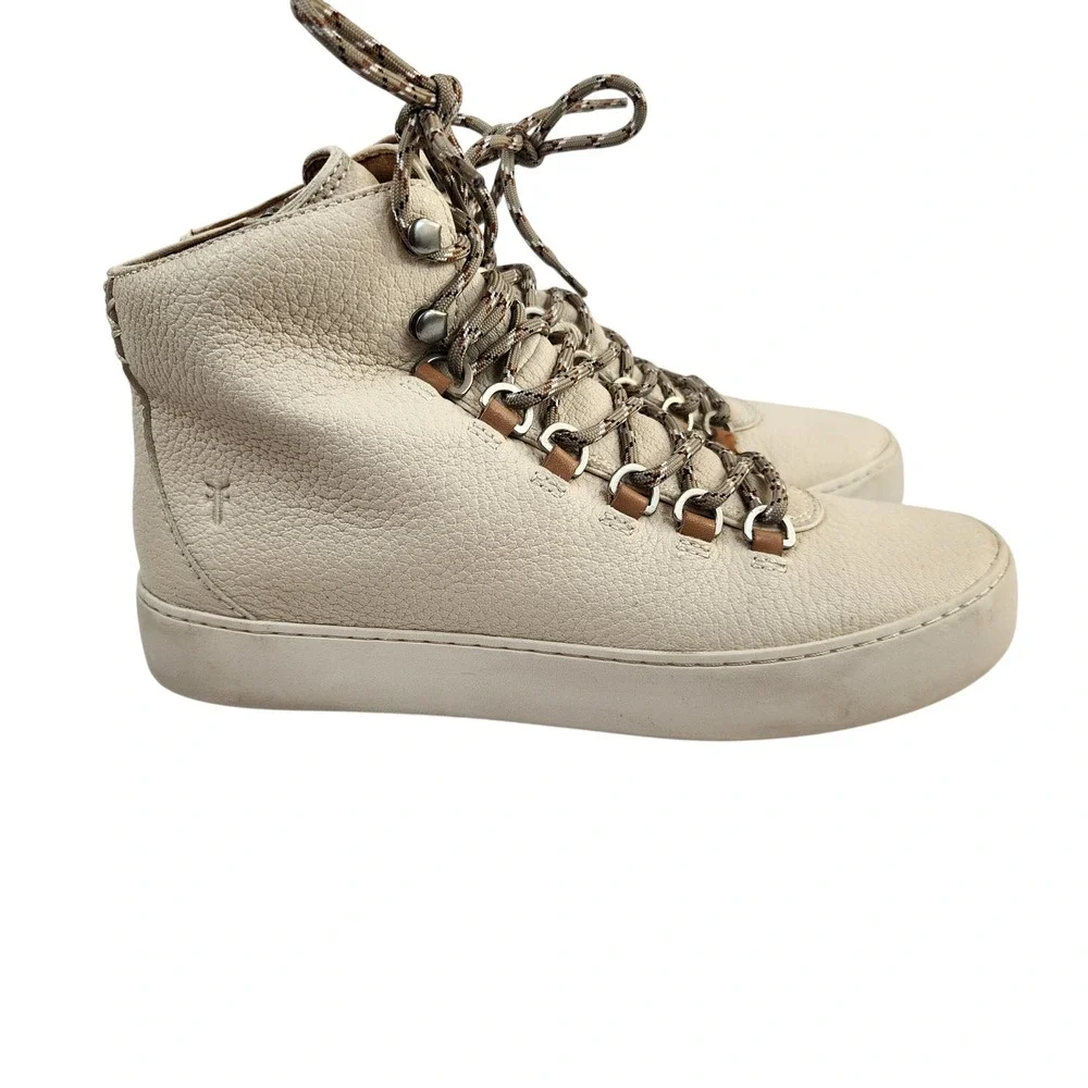 Frye Lena‎ Hiker High Top Boots Women's 8M Beige Leather Lace Up Zip Sneakers